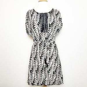 Greylin Print Dress with Tie Waist, Beaded Detail